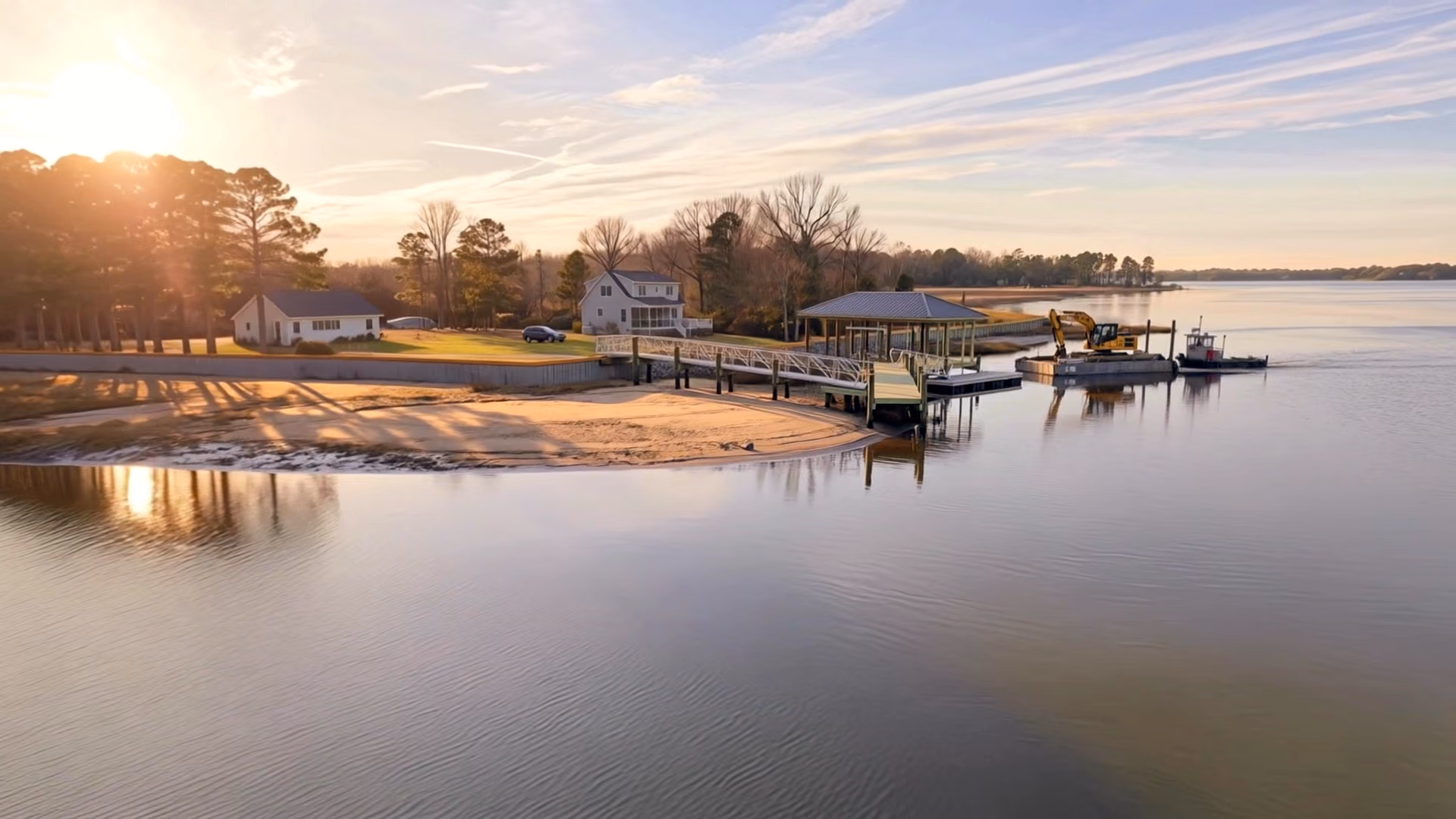 A finished Hanson waterfront at golden hour.